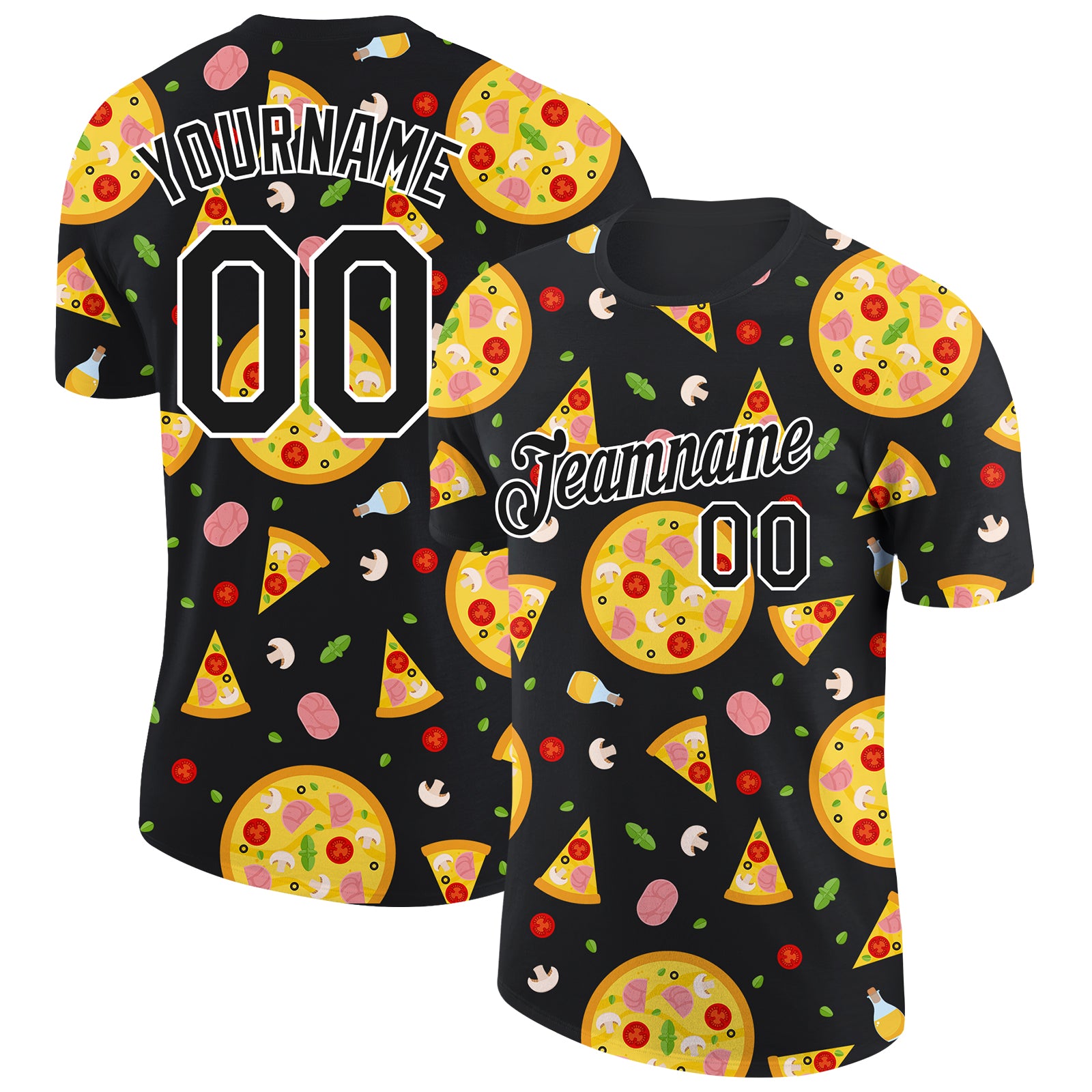 Custom Name & Number Performance T-Shirt - Personalized Black & White 3D Pizza Design for Team Events Personalized Black