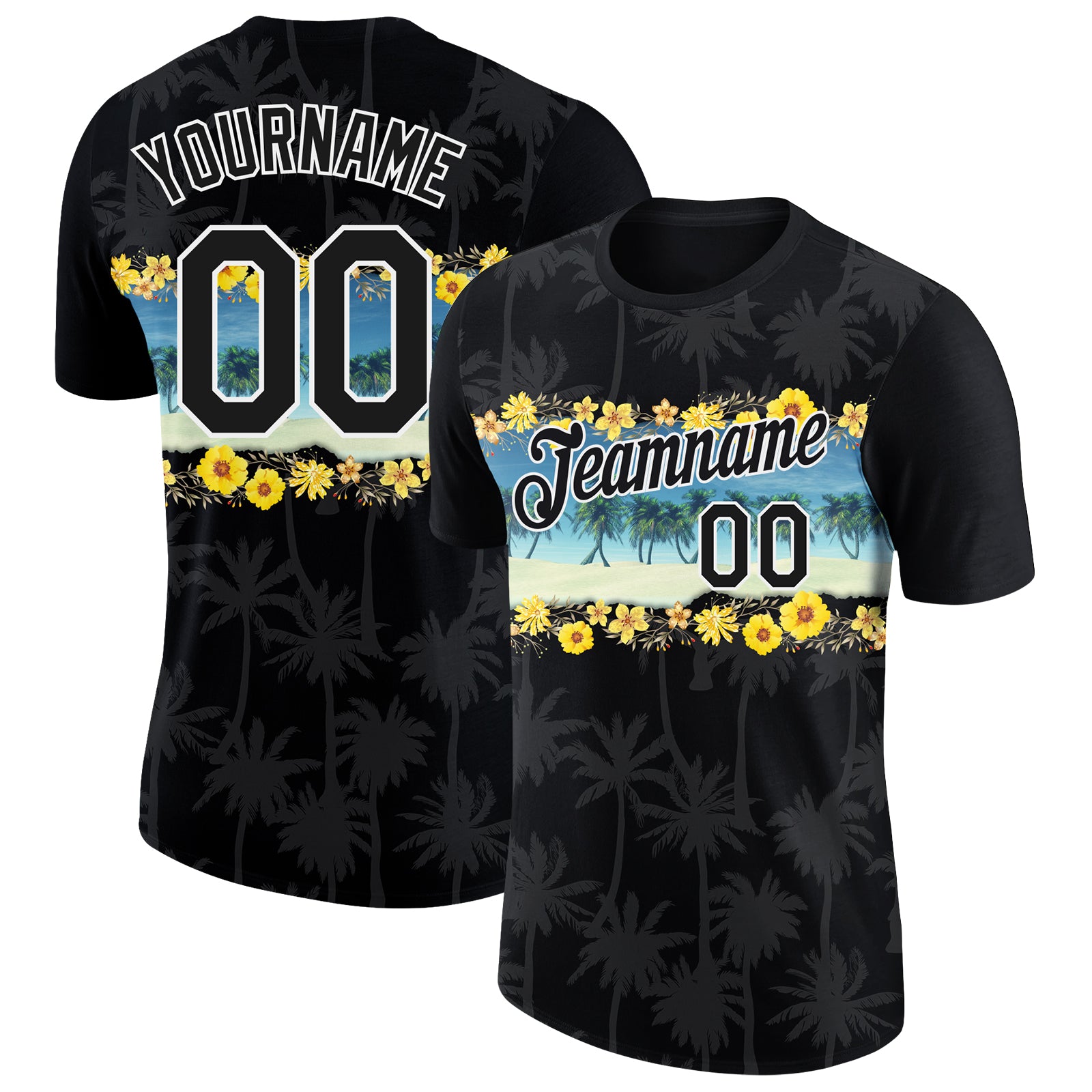 Custom Name Number Hawaii Palm Trees Beach 3D Pattern Performance T-Shirt - Personalized Black White Design Personalized
