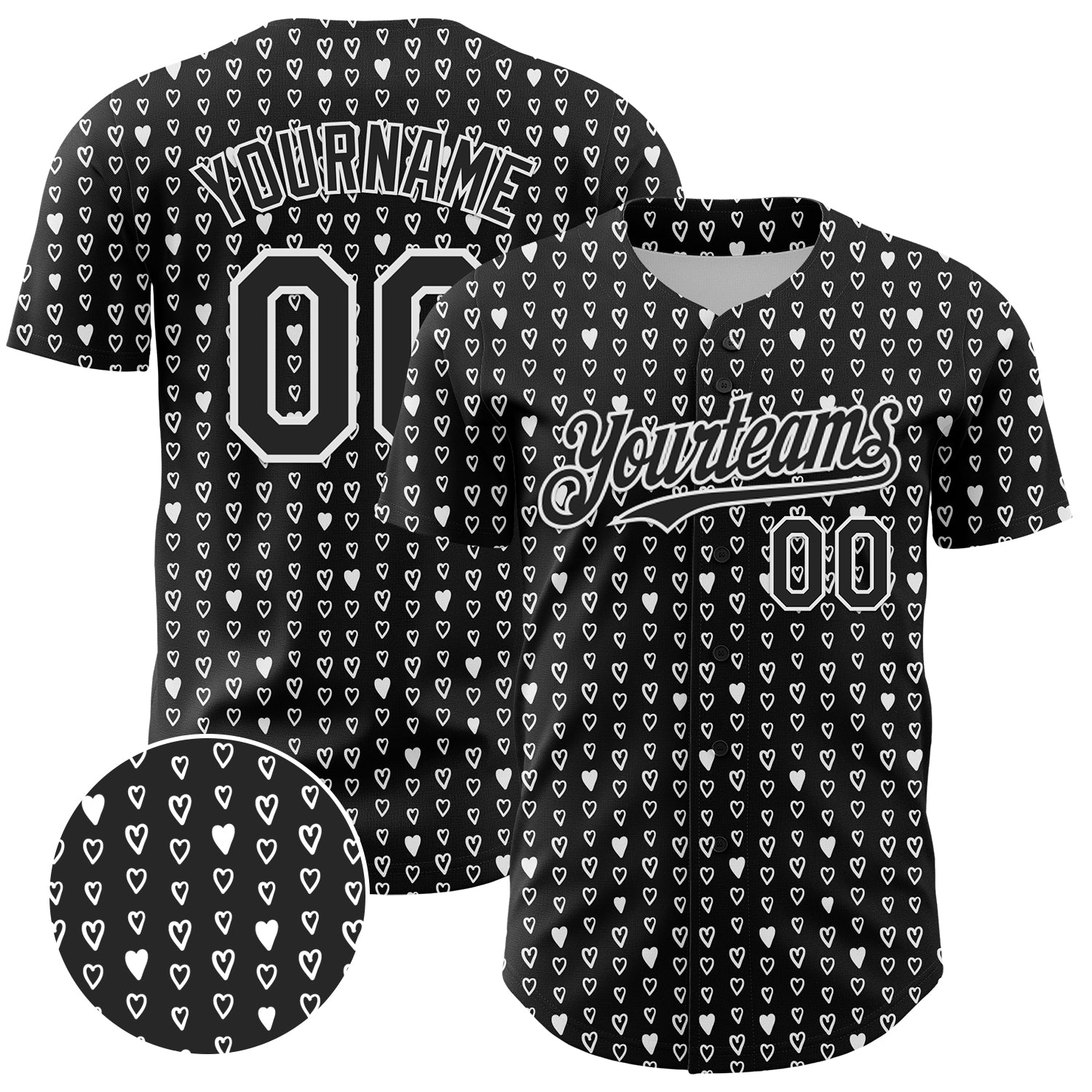 Custom Name Number Baseball Jersey Hearts 3D Pattern Design in Black and White - Personalized Authentic Team Gear Personalized