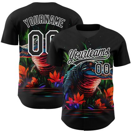 Personalized Neon Crocodile 3D Pattern Baseball Jersey in Black & White Personalized Black White 3D Pattern Design Neon Crocodile