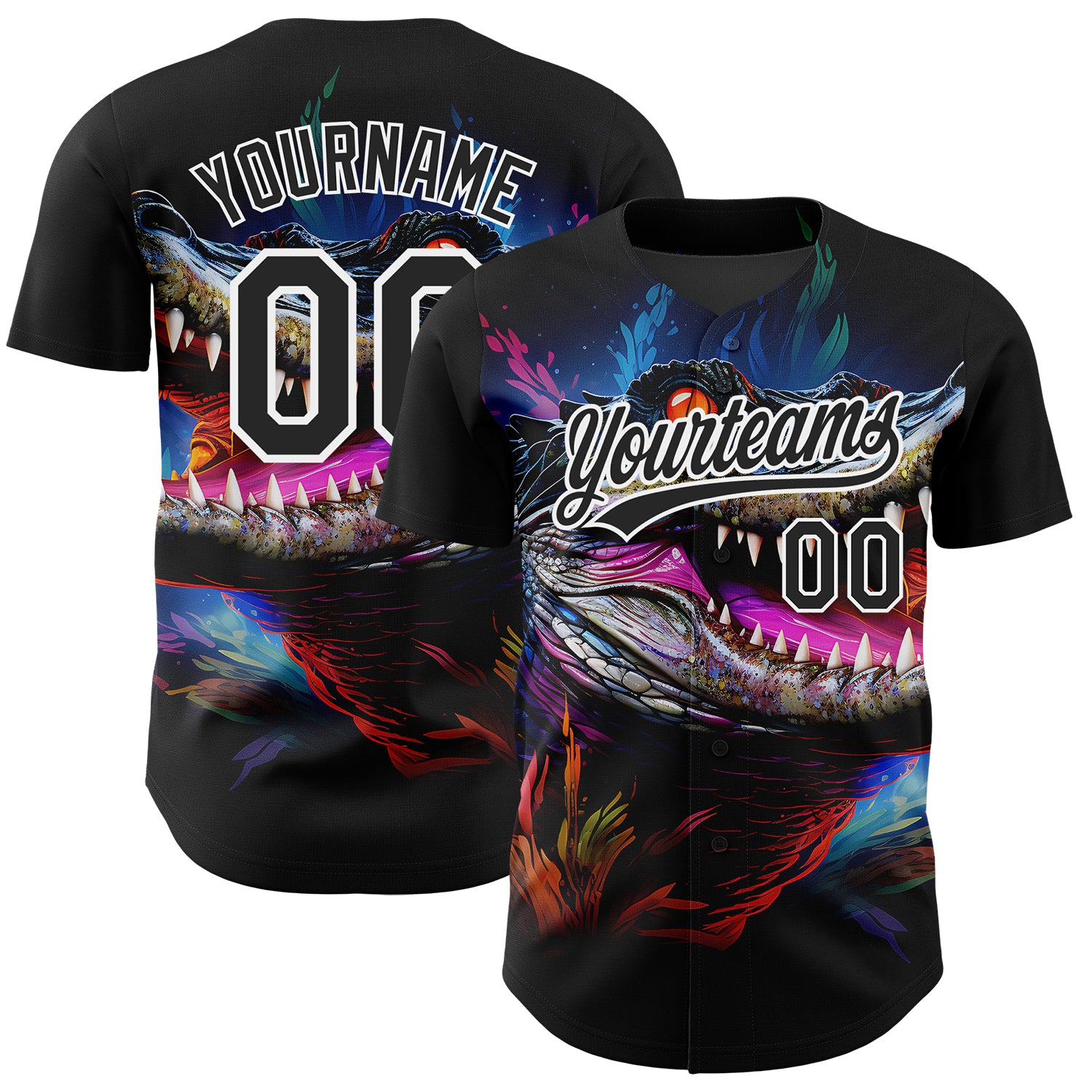 Custom Neon Crocodile Baseball Jersey with 3D Pattern Design - Personalized Black White Team Name and Number Personalized