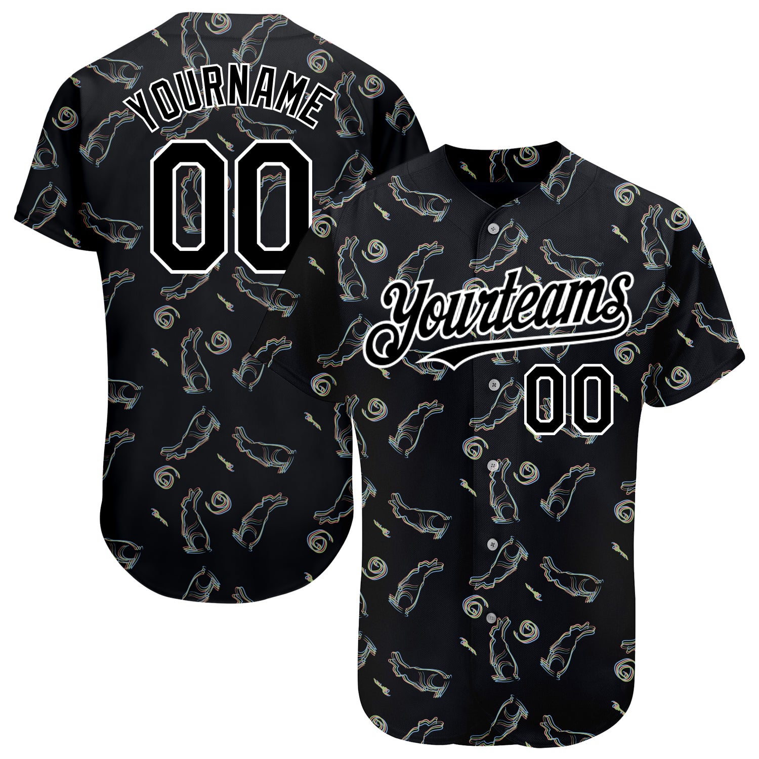Custom Name and Number Baseball Jersey with 3D Pattern Design Rabbit - Personalized Black and White Team Apparel Personalized
