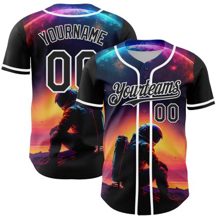 Custom Name and Number Baseball Jersey, 3D Pattern Rave Astronaut Design, Black and White Team Apparel Personalized Black