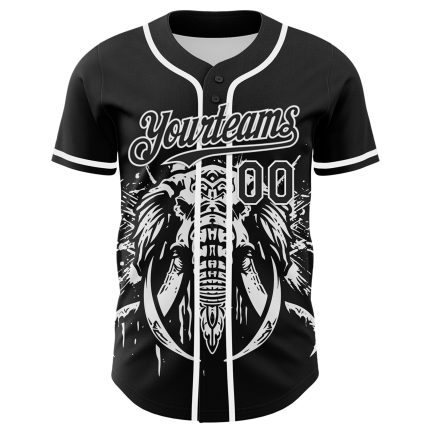 Custom Name and Number Baseball Jersey for Rave with 3D Black and White Mastodon Pattern Design Personalized Black White