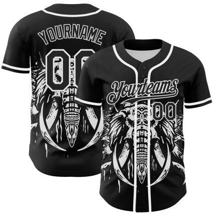 Custom Name and Number Baseball Jersey for Rave with 3D Black and White Mastodon Pattern Design Personalized Black White