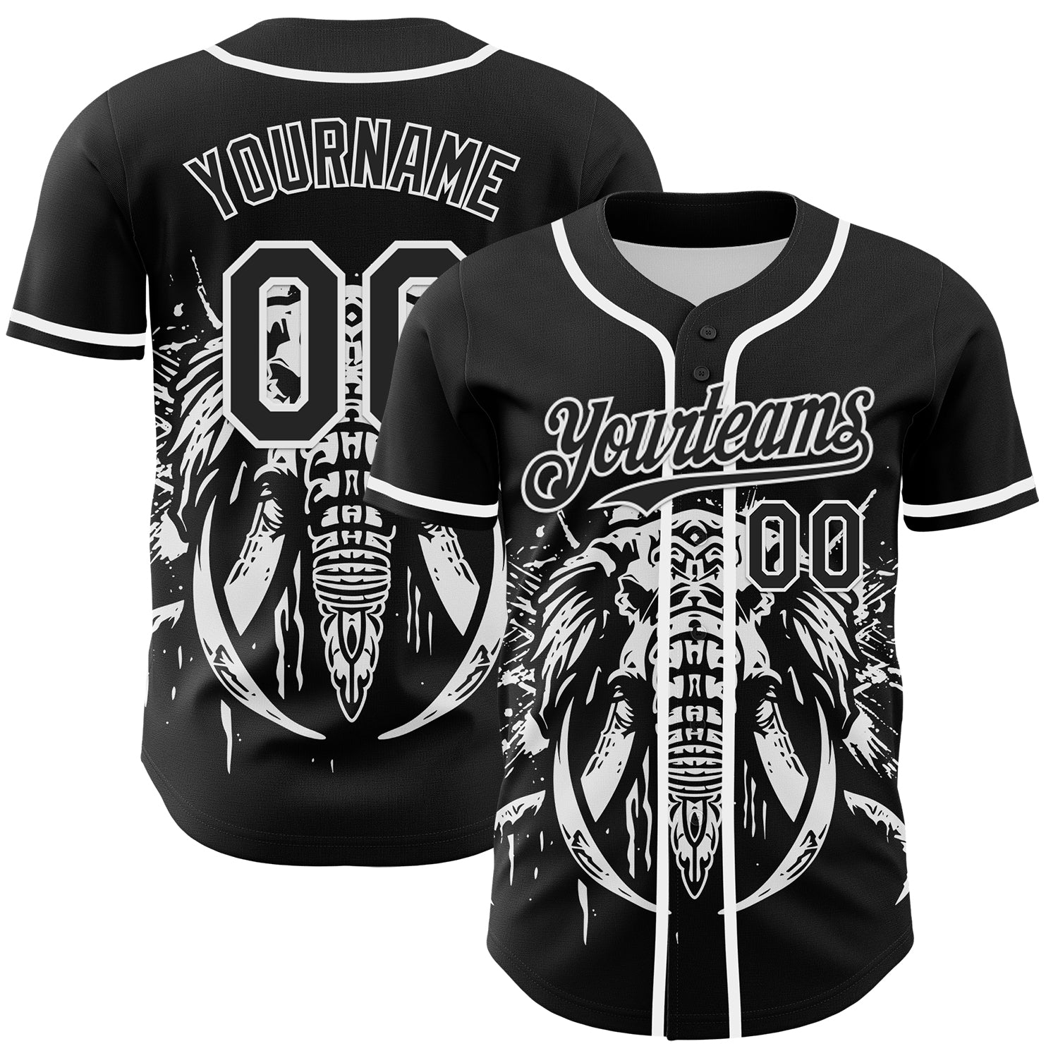 Custom Name and Number Baseball Jersey for Rave with 3D Black and White Mastodon Pattern Design Personalized Black White