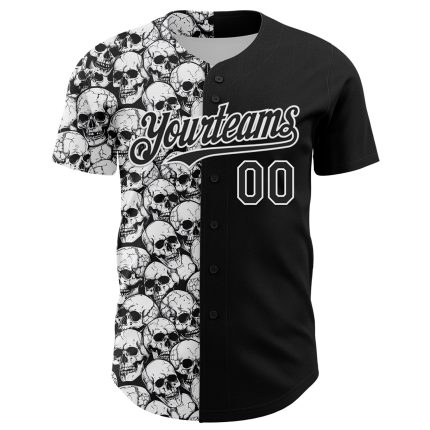 Custom Black White 3D Skull Pattern Rave Baseball Jersey - Unique Design Personalized Black White 3D Pattern Design Rave