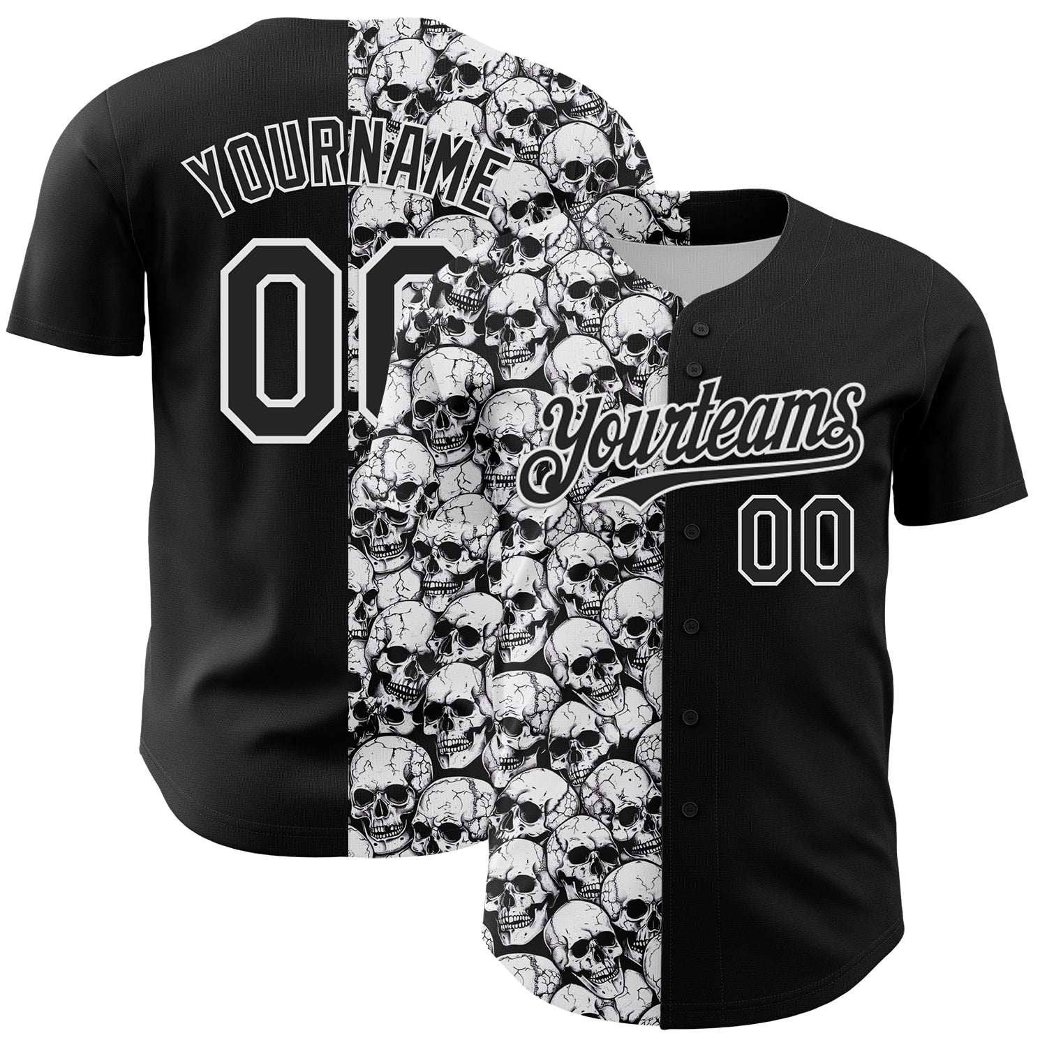 Custom Black White 3D Skull Pattern Rave Baseball Jersey - Unique Design Personalized Black White 3D Pattern Design Rave