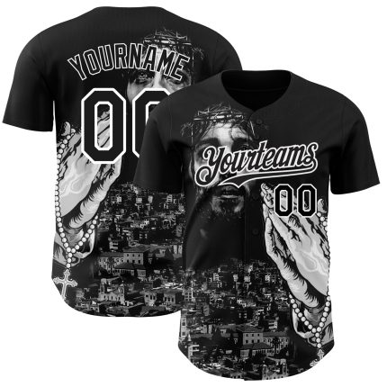 Personalized Jesus Christ Black and White 3D Pattern Baseball Jersey - Authentic Religious Sportswear Personalized Black