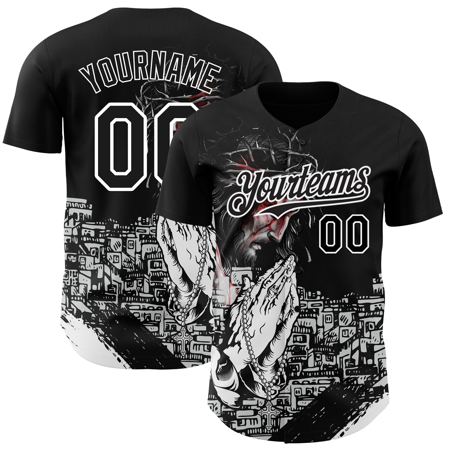 Custom Jesus Christ Baseball Jersey - Personalized Black White 3D Pattern with Team Name & Number Personalized Black White