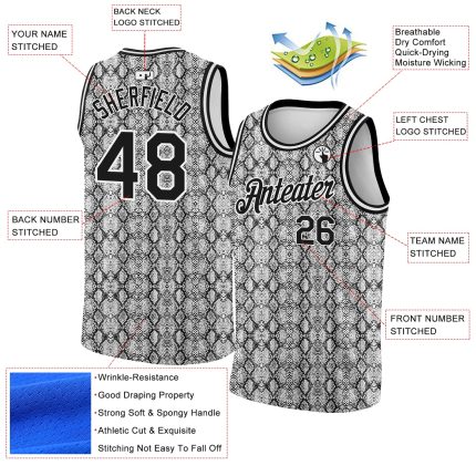Custom Snakeskin Basketball Jersey with Personalized Name & Number - 3D Black White Pattern Design Personalized Black White