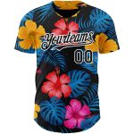 Custom Name and Number Tropical Flower and Palm Leaves Baseball Jersey - Personalized Black White 3D Pattern Design Personalized