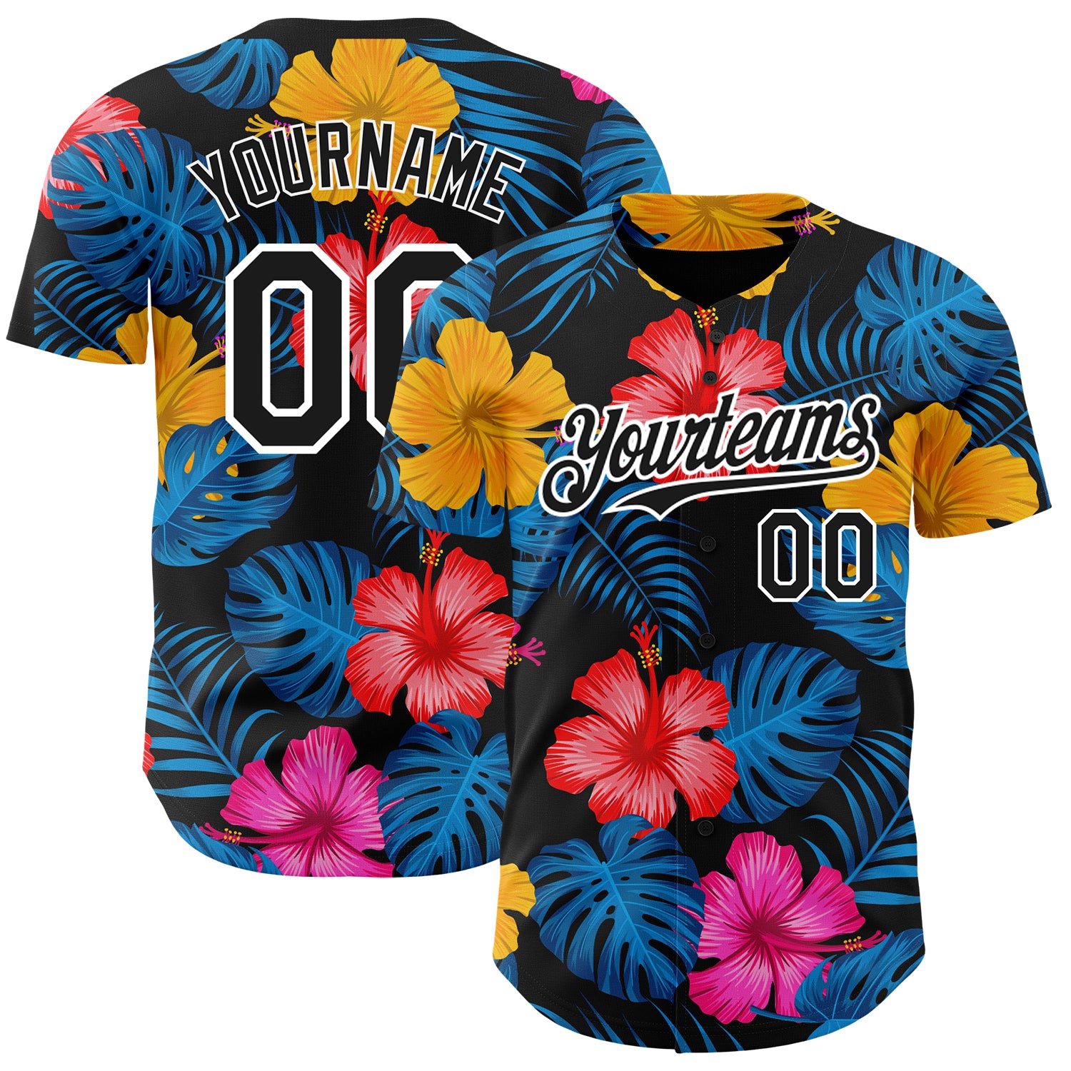 Custom Name and Number Tropical Flower and Palm Leaves Baseball Jersey - Personalized Black White 3D Pattern Design Personalized