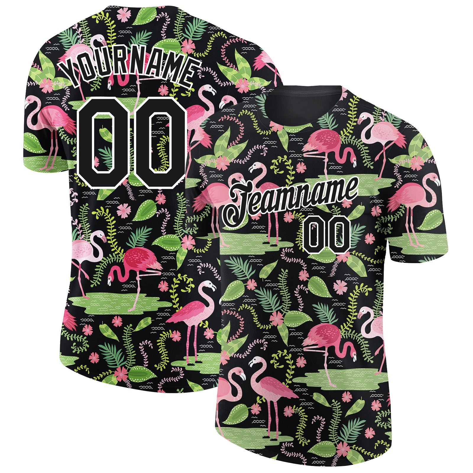 Custom Name Number Flamingo Performance T-Shirt - Tropical Hawaii 3D Pattern Design - Personalized Black and White Team Shirt