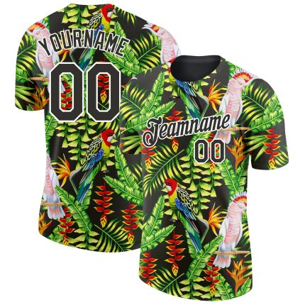 Personalized Tropical Hawaii Plant and Bird 3D Pattern T-Shirt, Black and White Performance Wear Personalized Black White