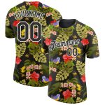 Custom Tropical Hawaii Plant T-Shirt with Bird, Personalized 3D Pattern, Team Name and Number, Black White Design Personalized