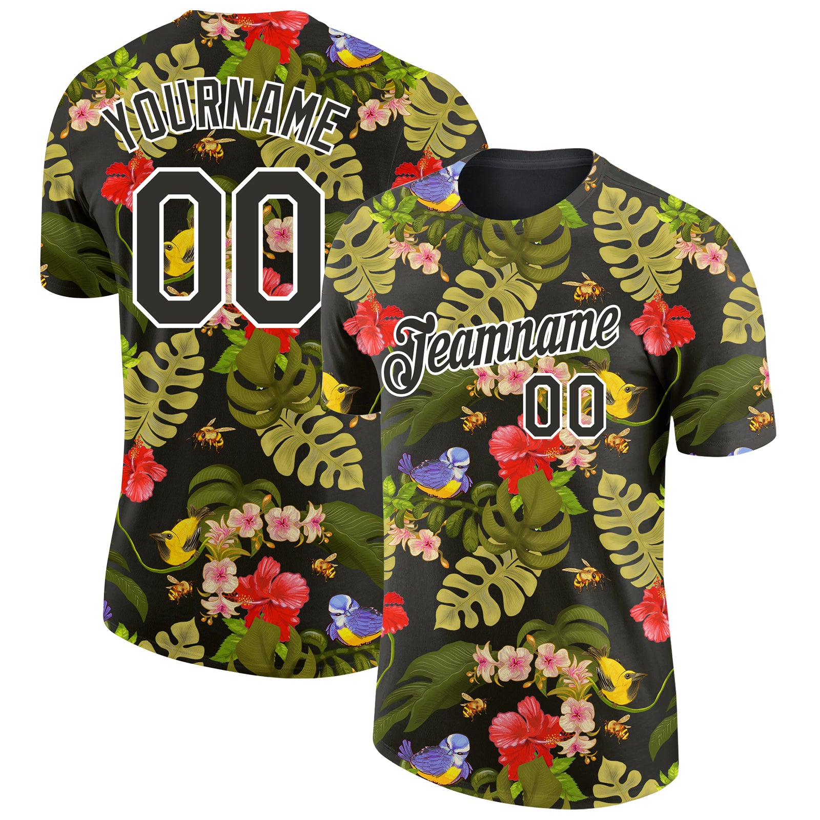 Custom Tropical Hawaii Plant T-Shirt with Bird, Personalized 3D Pattern, Team Name and Number, Black White Design Personalized