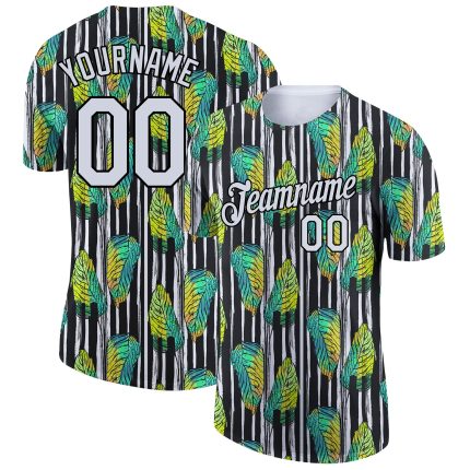 Custom Name and Number Tropical Palm Leaf Performance T-Shirt, Black White 3D Pattern Design Personalized Black White 3D