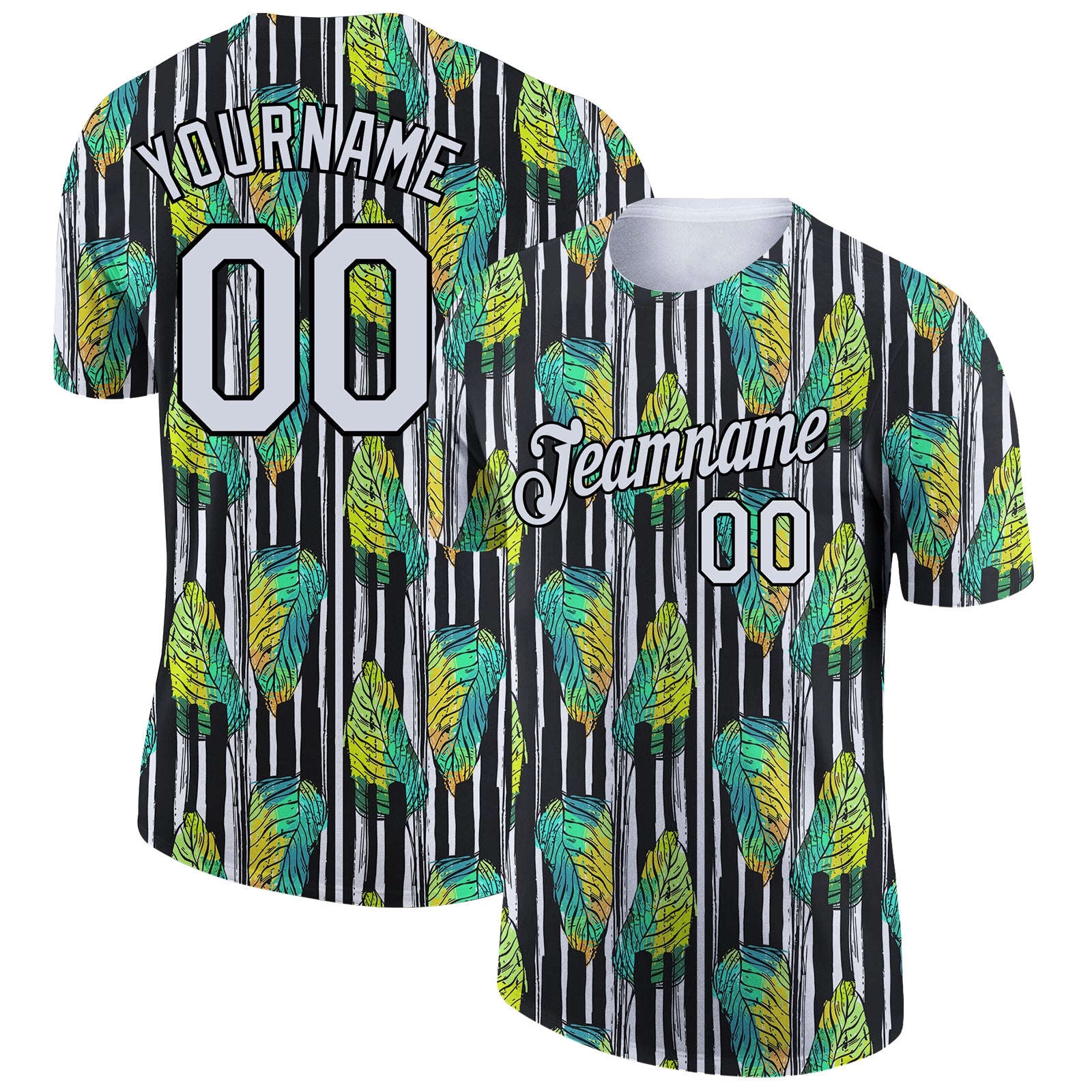 Custom Name and Number Tropical Palm Leaf Performance T-Shirt, Black White 3D Pattern Design Personalized Black White 3D