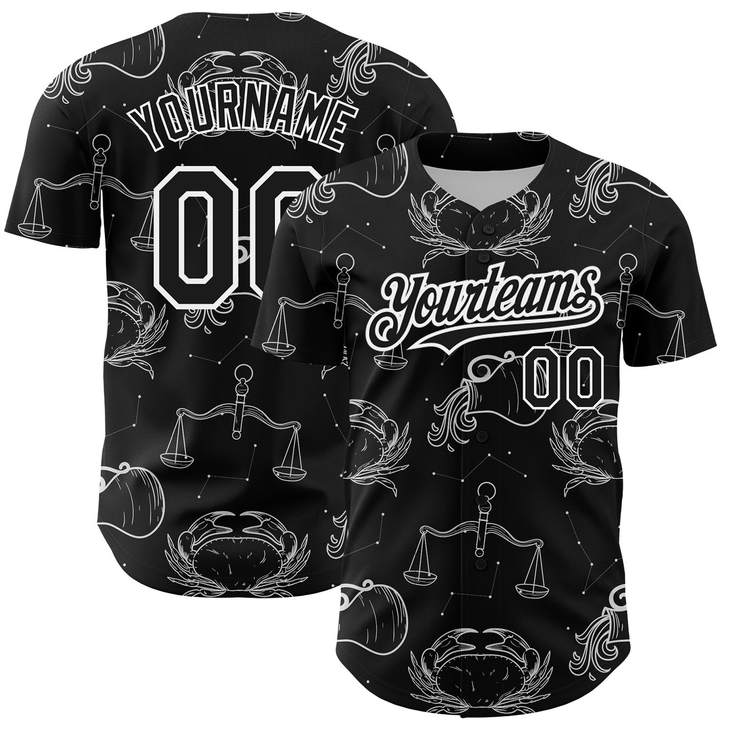 Custom Zodiac Baseball Jersey - Personalized 3D Black and White Pattern Design with Name and Number Personalized Black White