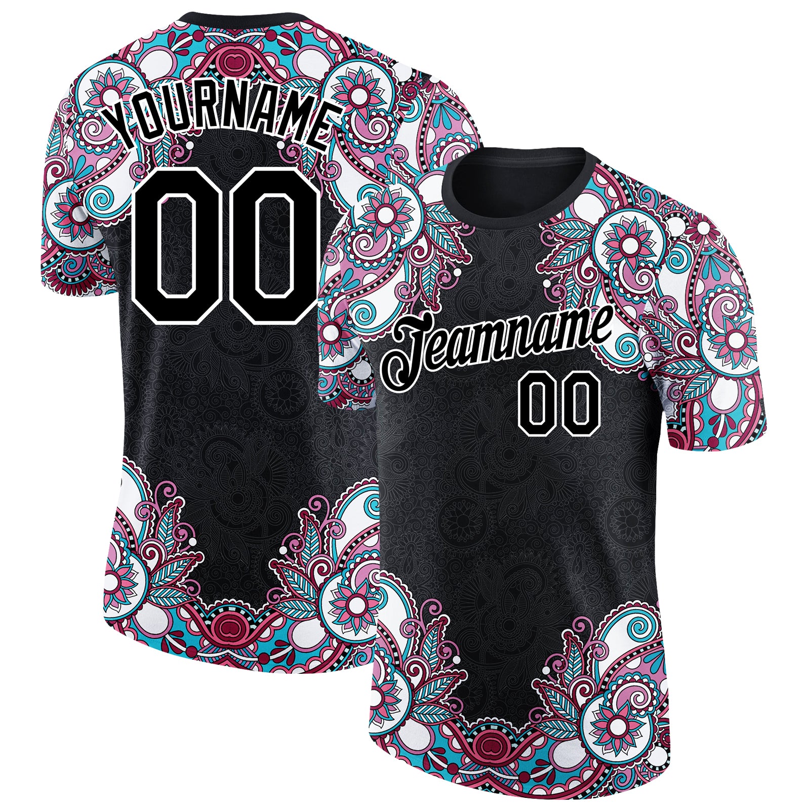 Custom Team Name Number 3D Floral Pattern Performance T-Shirt - Personalized Black White Design Personalized Black White