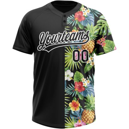 Custom Name Number Softball Jersey - Personalized Hawaii Tropical Pineapples, Palm Leaves, Flowers 3D Pattern Unisex Two-Button