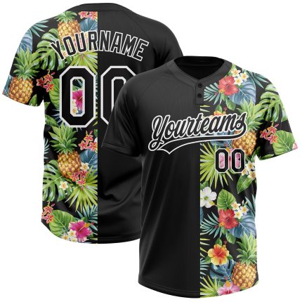 Custom Name Number Softball Jersey - Personalized Hawaii Tropical Pineapples, Palm Leaves, Flowers 3D Pattern Unisex Two-Button