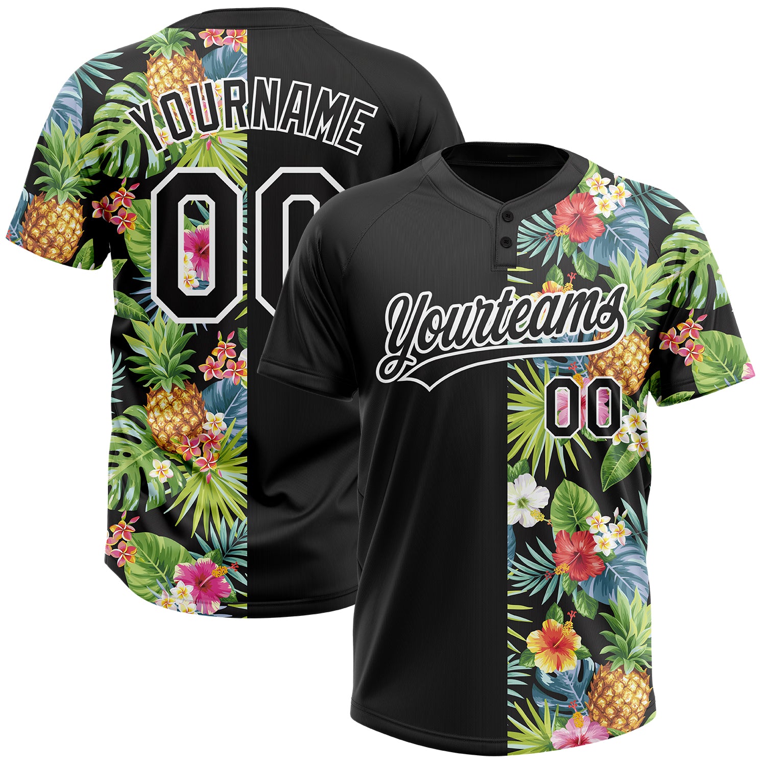 Custom Name Number Softball Jersey - Personalized Hawaii Tropical Pineapples, Palm Leaves, Flowers 3D Pattern Unisex Two-Button