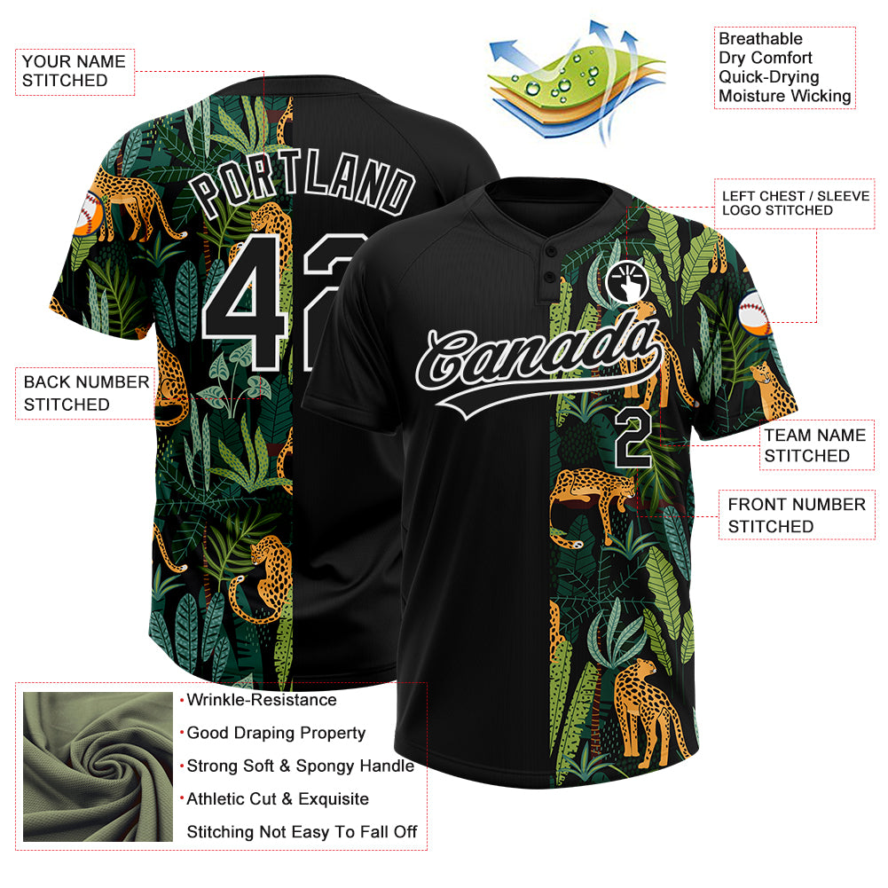 Personalized Black White 3D Pattern Leopards And Tropical Palm Leaves Two-Button Unisex Softball Jersey Personalized Black White 3D Leopard Pattern Tropical Palm Leaves Unisex Softball Jersey Personalized Black White 3D Pattern - Image 3