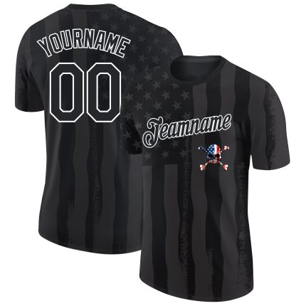 Personalized 3D Skull American Flag Performance T-Shirt in Black and White Personalized Black White 3D Skull American Flag