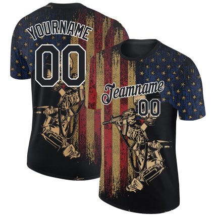Custom American Flag T-Shirt with 3D Soldier Design and Personalized Name & Number - Performance Tee Personalized Black White