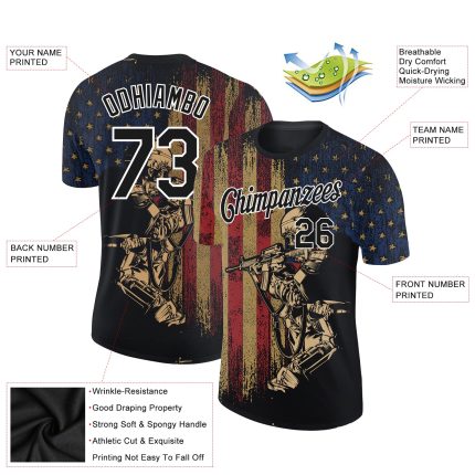 Custom American Flag T-Shirt with 3D Soldier Design and Personalized Name & Number - Performance Tee Personalized Black White