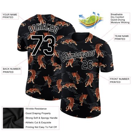 Personalized 3D Tiger Performance T-Shirt - Black and White Tee for Men and Women Personalized Black White 3D Tiger Performance