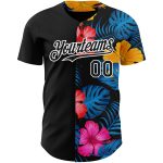 Personalized 3D Tropical Flower Hawaii Palm Leaves Baseball Jersey Black White Personalized Black White 3D Tropical Flower