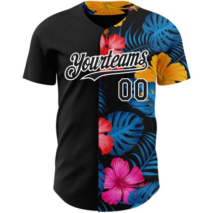 Personalized 3D Tropical Flower Hawaii Palm Leaves Baseball Jersey Black White Personalized Black White 3D Tropical Flower