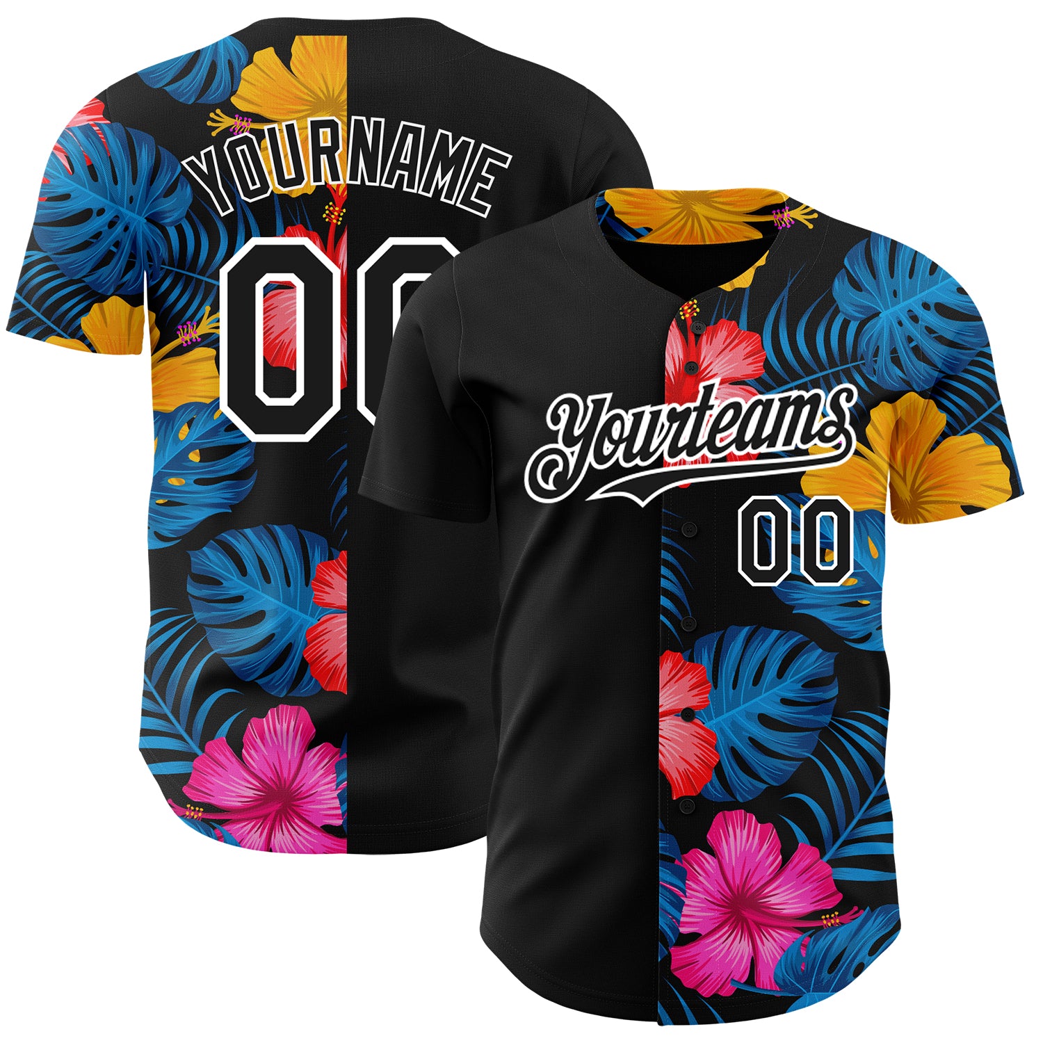 Personalized 3D Tropical Flower Hawaii Palm Leaves Baseball Jersey Black White Personalized Black White 3D Tropical Flower