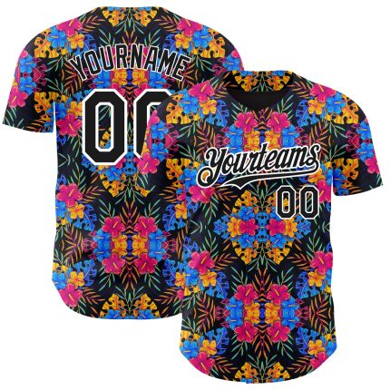 Personalized Tropical Flower and Hawaii Palm Leaves Baseball Jersey, Black and White 3D Design Personalized Black White 3D