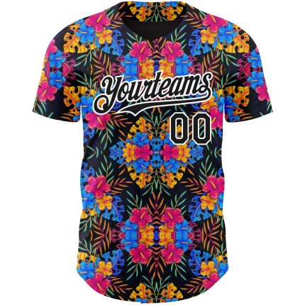 Personalized Tropical Flower and Hawaii Palm Leaves Baseball Jersey, Black and White 3D Design Personalized Black White 3D