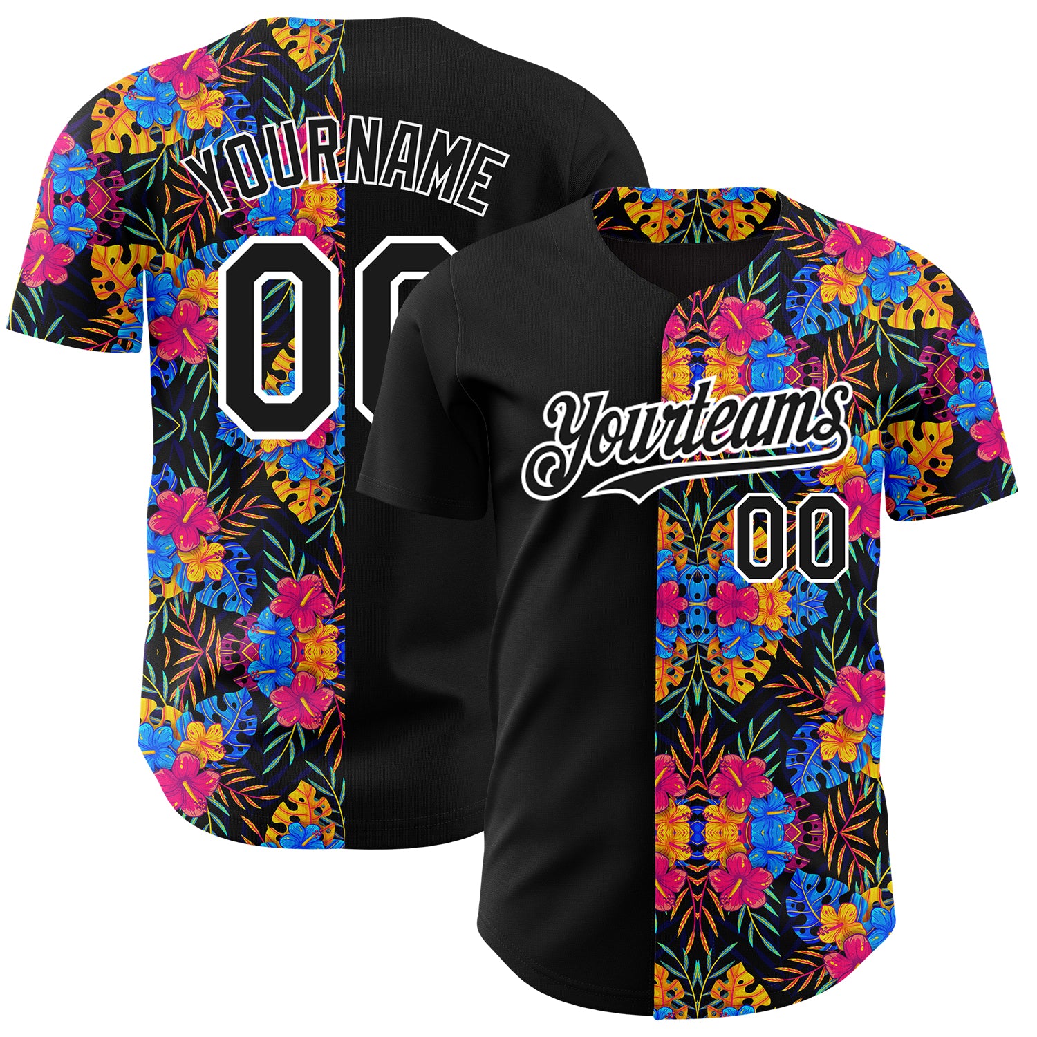 Personalized 3D Tropical Flower Hawaii Palm Leaves Black and White Baseball Jersey for Men 4 Personalized Black White 3D
