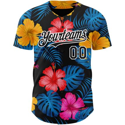 Personalized 3D Tropical Flower Baseball Jersey with Hawaii Palm Leaves in Black & White Personalized Black White 3D Tropical