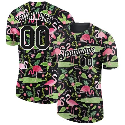 Personalized 3D Tropical Hawaii Flamingo Performance T-Shirt in Black & White Personalized Black White 3D Tropical Hawaii