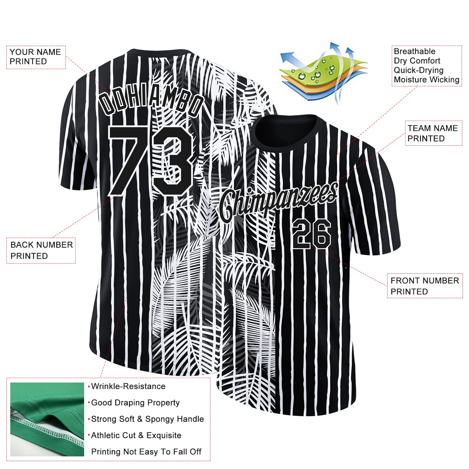 Personalized Black White 3D Tropical Hawaii Palm Leaves Performance T-Shirt Team Custom Name and Number Custom Name Number Performance T-Shirt Personalized 3D Tropical Hawaii Palm Leaves Black White Design Personalized Black - Image 2