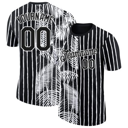 Custom Name Number Performance T-Shirt Personalized 3D Tropical Hawaii Palm Leaves Black White Design Personalized Black