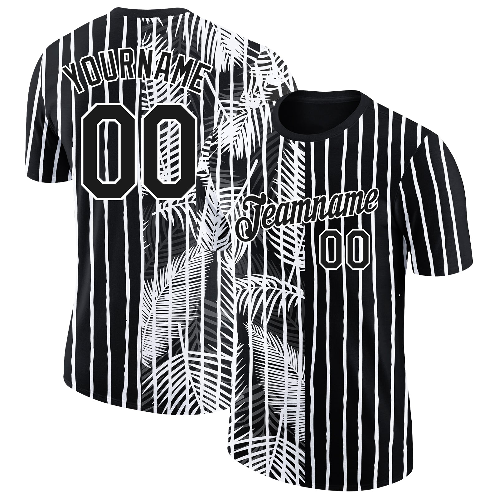 Custom Name Number Performance T-Shirt Personalized 3D Tropical Hawaii Palm Leaves Black White Design Personalized Black
