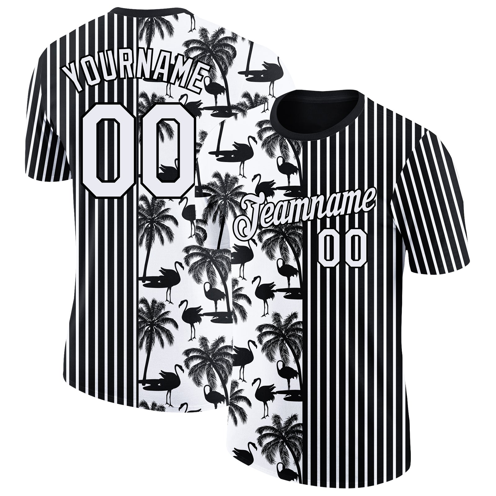 Custom Name Number Tropical Palm Tree Flamingo 3D Performance T-Shirt Black White Personalized Black White 3D Tropical Hawaii
