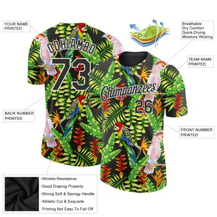 Personalized Hawaii Tropical Bird Plant 3D Performance T-Shirt - Black & White Design Personalized Black White 3D Tropical
