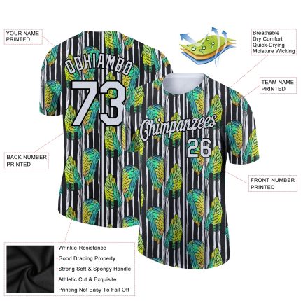 Personalized 3D Tropical Palm Leaf Performance T-Shirt in Black and White Personalized Black White 3D Tropical Palm Leaf