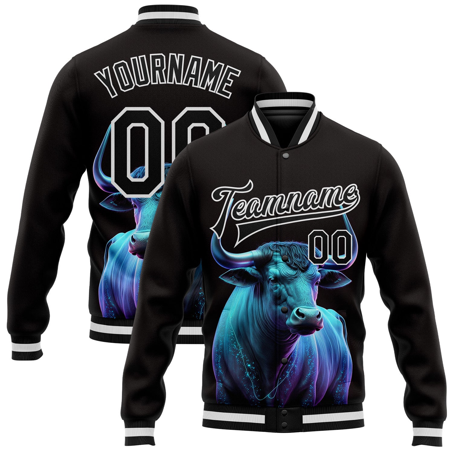 Personalized 3D Bomber Varsity Letterman Jacket Black White Blue Bull Horns Personalized Black White A Blue Bull Blue Horns