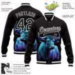 Personalized 3D Bomber Varsity Letterman Jacket Black White Blue Bull Horns Personalized Black White A Blue Bull Blue Horns