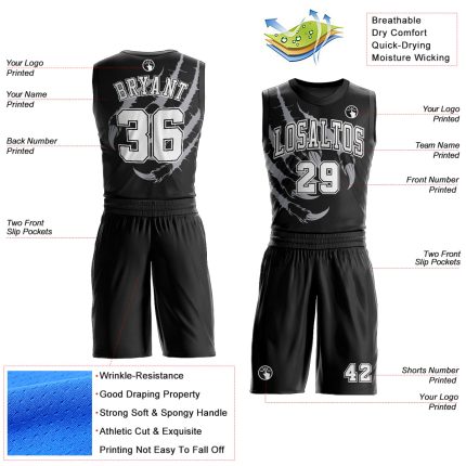 Personalized Round Neck Basketball Jersey - Black White Animal Claws Sublimation Suit Personalized Black White Animals Claws